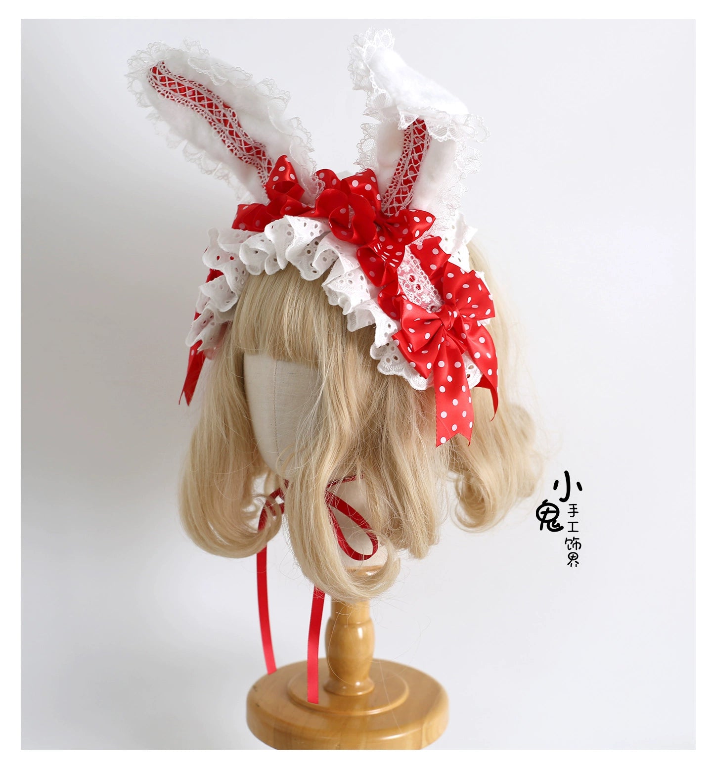 Xiaogui - Sweet Lolita Polka Dot Lace Hairband, Shapeable Bunny Ears 44127:797247