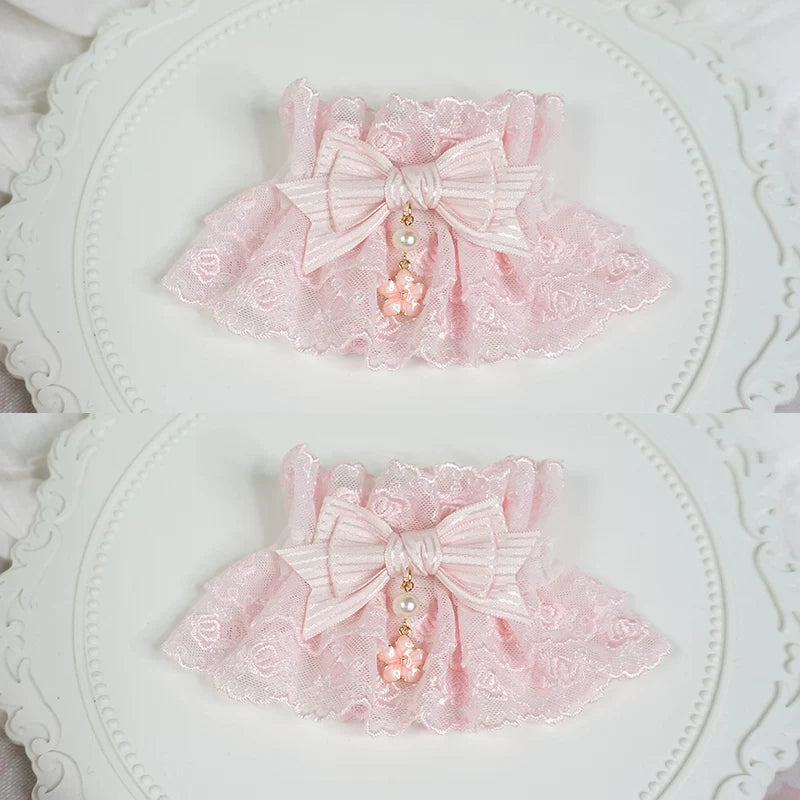 Sakura Pink Sweet Lolita Lace Cuffs, Floral Pendant A Pair of Pink Bowknot Cuffs (without floral accent on the bow)