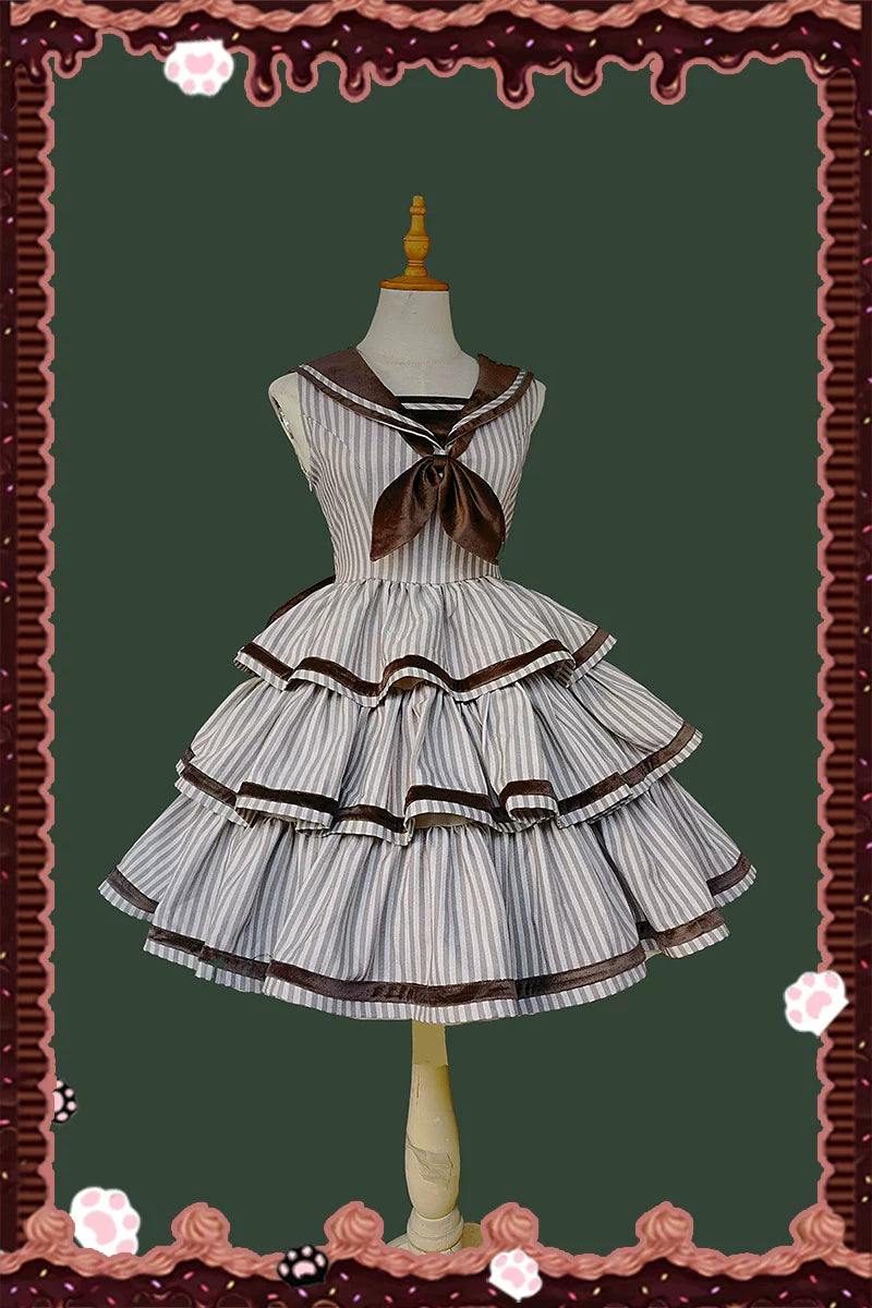 Infanta - From Afar - Vintage Striped Peppy-Style Lolita JSK & Cape Brown JSK Only S