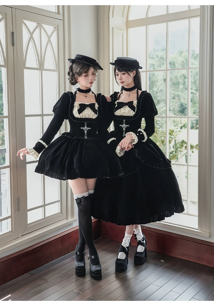 With PUJI - Apocalypse - Gothic Lolita Velvet OP Dress Set, Fishbone Waist 44128:797093