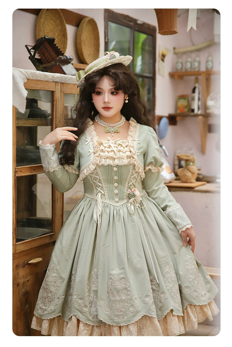 Amber Realm - Dream Strings - Embroidered Classic Lolita OP Dress, Princess Sleeves
