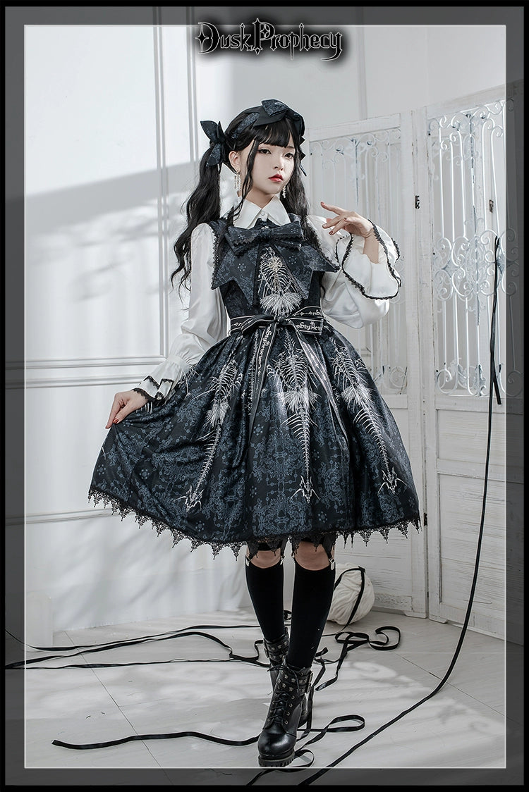 DuskProphecy - Coccyx - Elegant Lolita Dress High Waist Fishbone Print JSK Set 34722:466498
