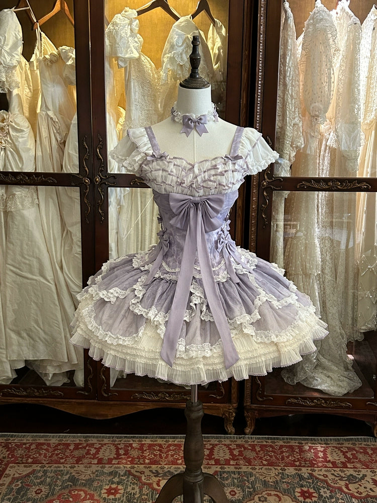 Meowing and fruity - Dream of Floral - Doll-Like Sweet Lolita Dress, Tiered Petal Hem Taro Purple Dress - S