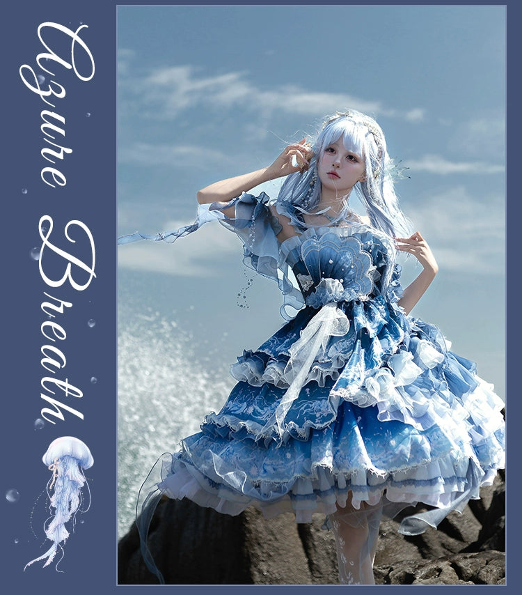 YingLuoFu - Blue Breath Jellyfish - Classic Lolita Jumper Dress, Side Zipper 43572:779893