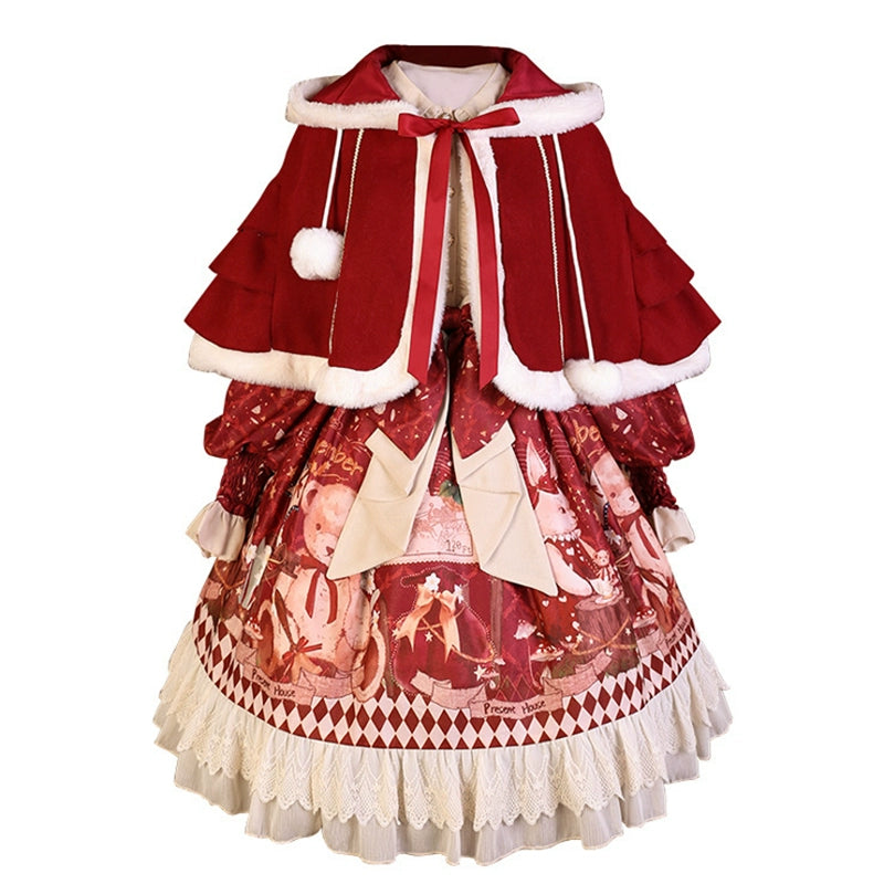 Matutu - Sweet Bear Gift House - Sweet Lolita Suit Christmas Lolita OP and Cape OP+Cape S