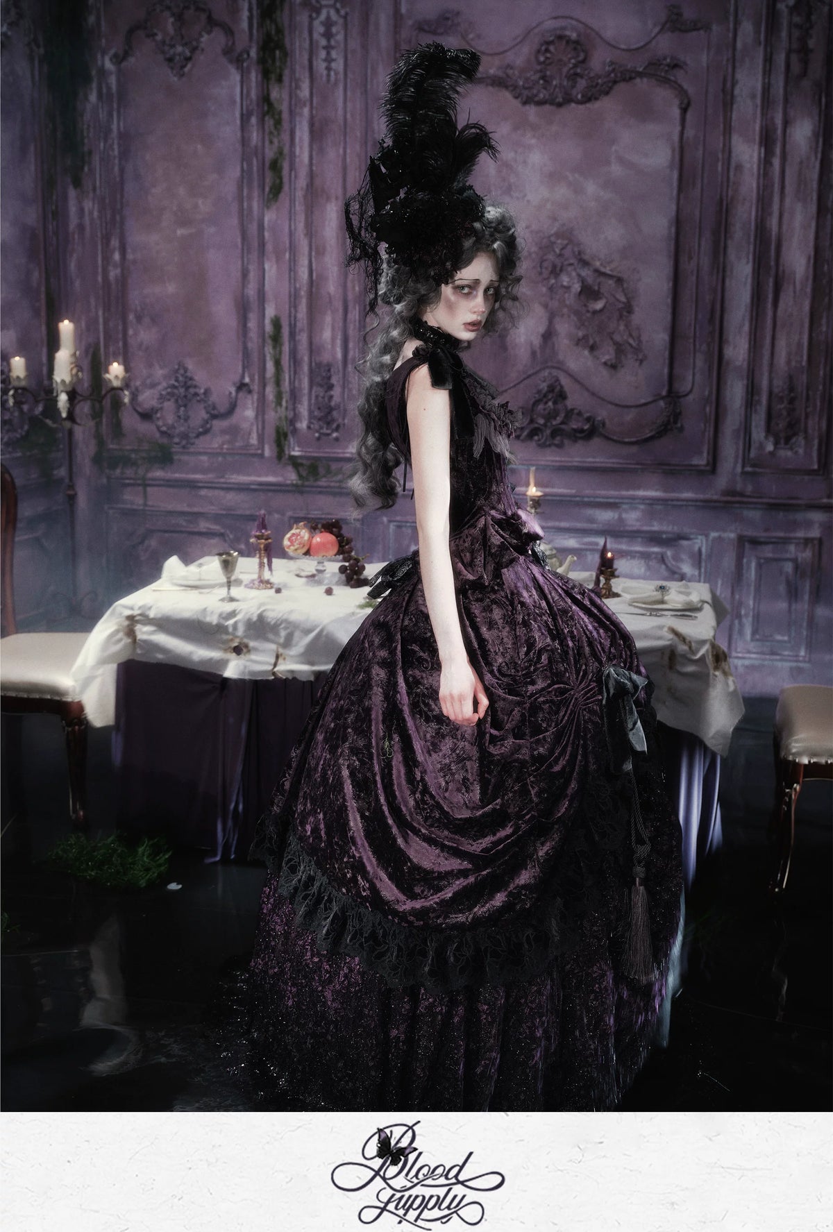Undead's Gift - Halloween Gothic Lolita Draped Panel Skirt Set, 3D floral lace