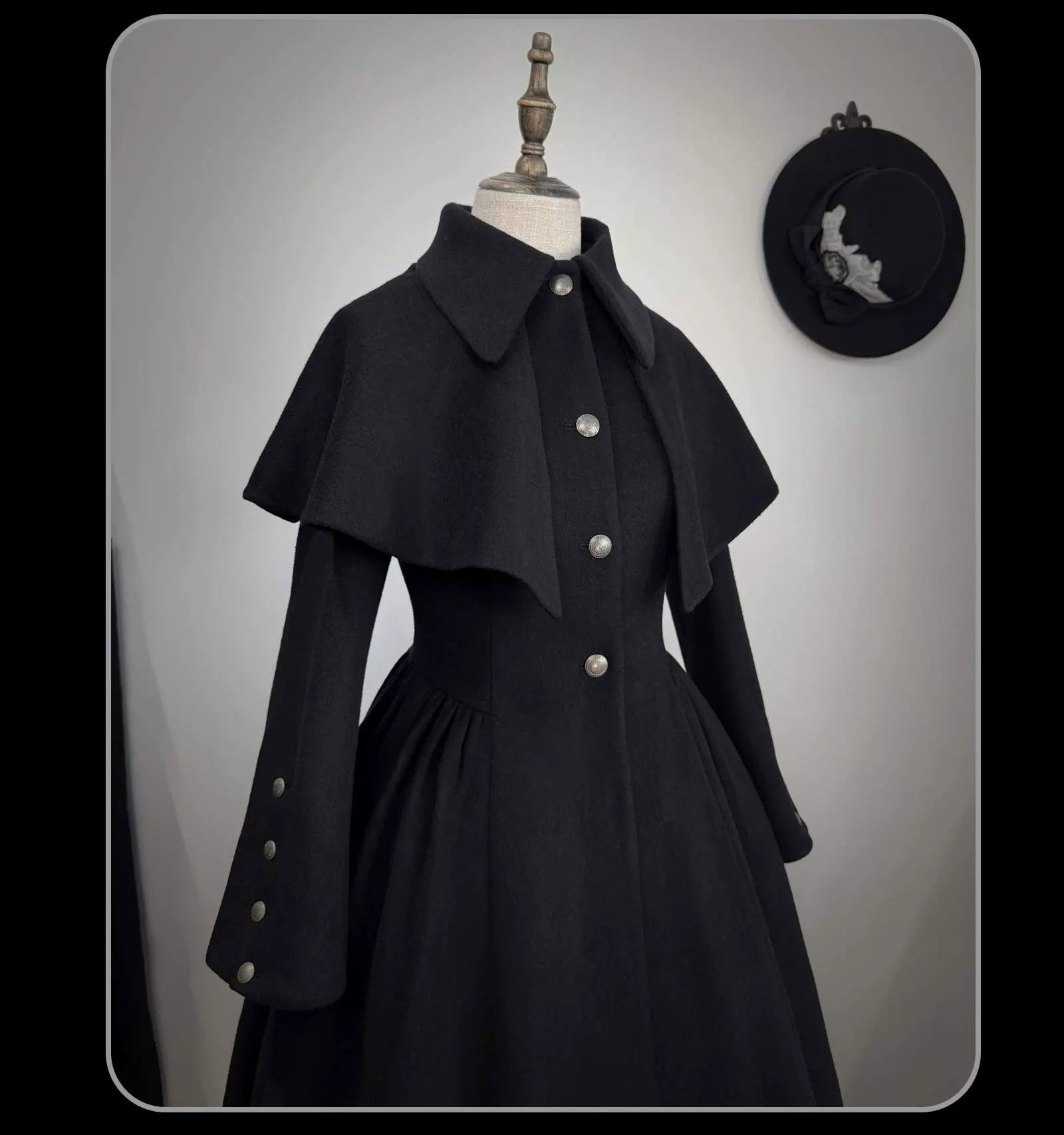 The Seventh Tenet - Classic Lolita Wool SK Set, Detachable Cape Black Cape Coat S