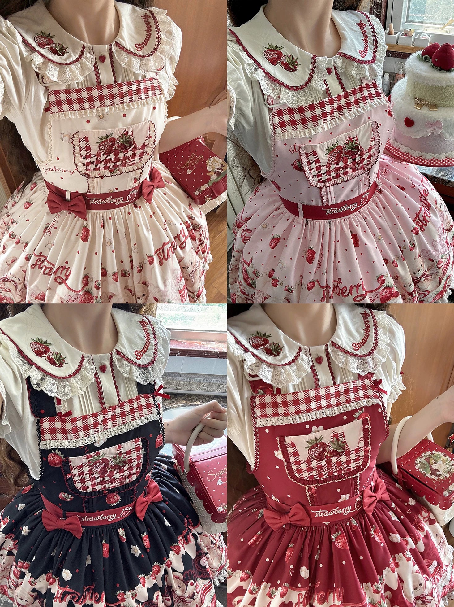 Velvet Strawberry - Sweet Lolita Salopette Dress, Bear & Strawberry Print