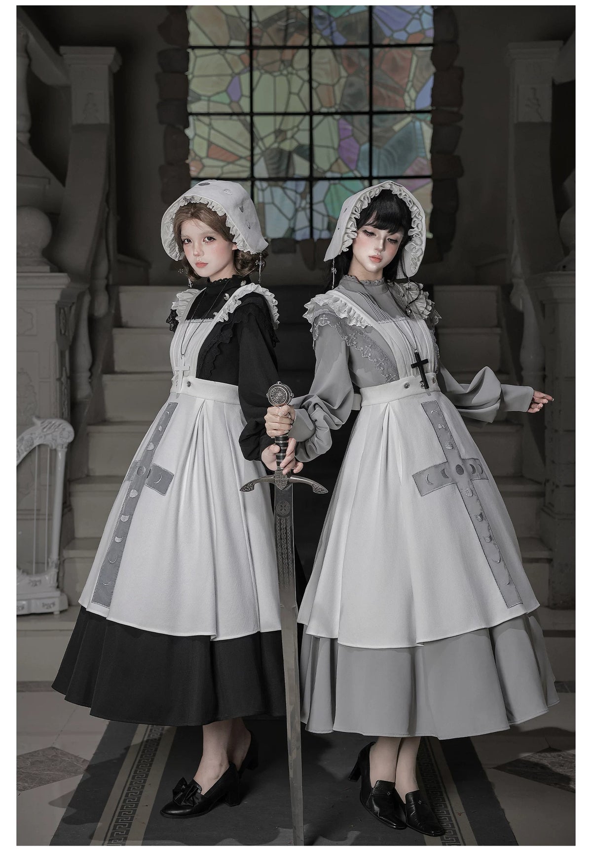 Moon Phase - Gothic Lolita OP Dress Set, Detachable Cross-Shaped Apron 46035:873386