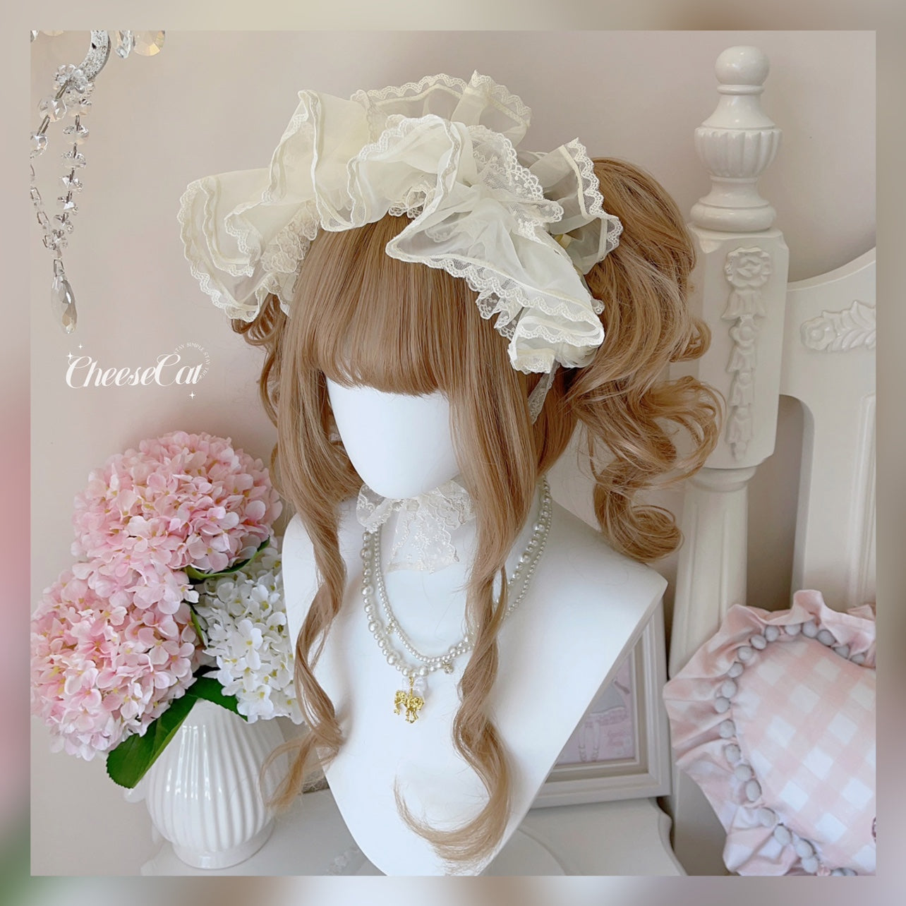 CheeseCat - Sweet Lolita Bonnet Organza Bow Headdress Beige Organza BNT