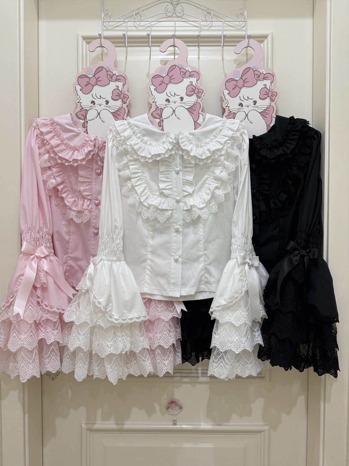 Hanguliang - Cross Heart Knot - Sweet Lolita JSK Suit Tiered Ruffles Dress with Lace Blouse Black Blouse Only S