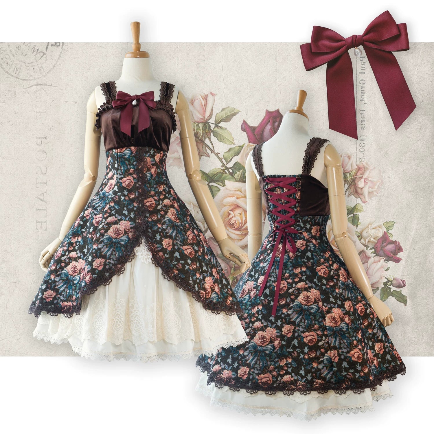 Devonshire Garden - Rose Jacquard JSK Dress, Mermaid Hem Ebony Brown JSK (with bow brooch) S