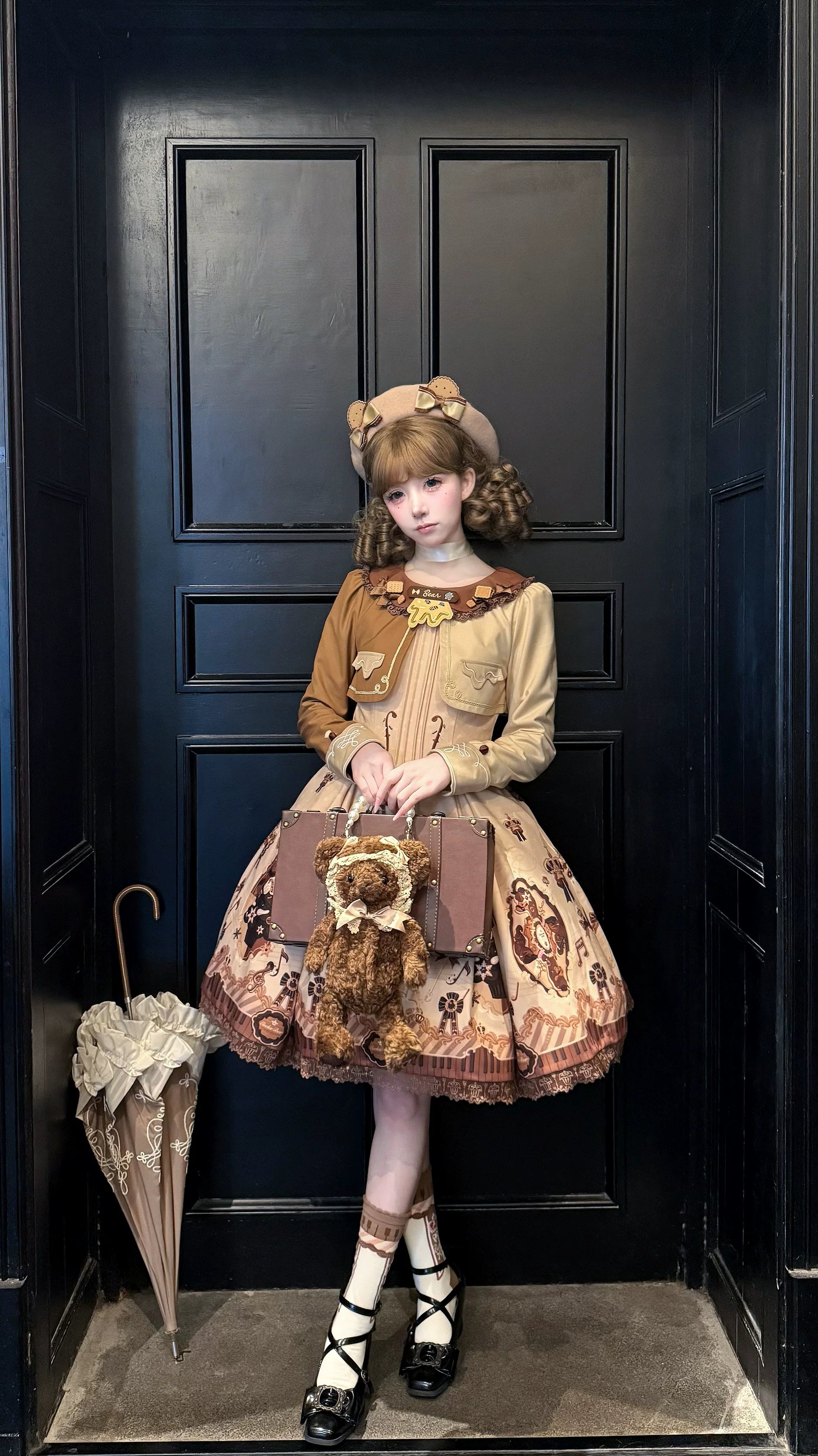 Cream Bear - Print Kawaii Lolita Fake Two-Piece OP, A-lined JSK Dress 44502:811645