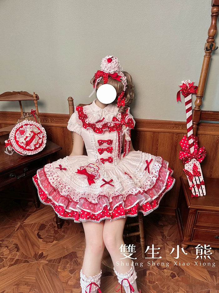 Shuang Sheng Xiao Xiong - Bite The Cake - Sweet Lolita Dress, Red & White Polka Dots 43600:780701
