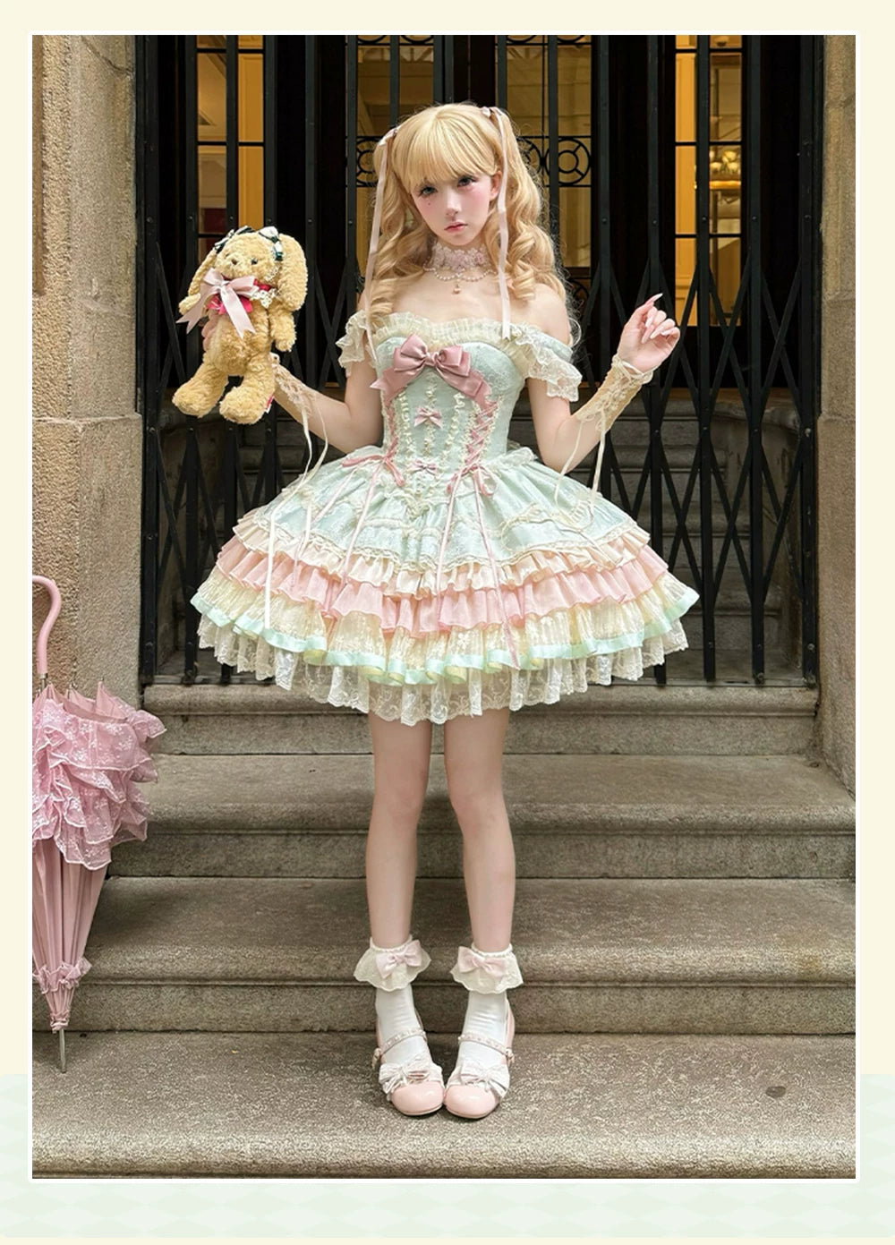 Lotus Crossing - Sweet Lolita Tiered Hem JSK Dress with Satin Bow (L M S XL) 45302:844776