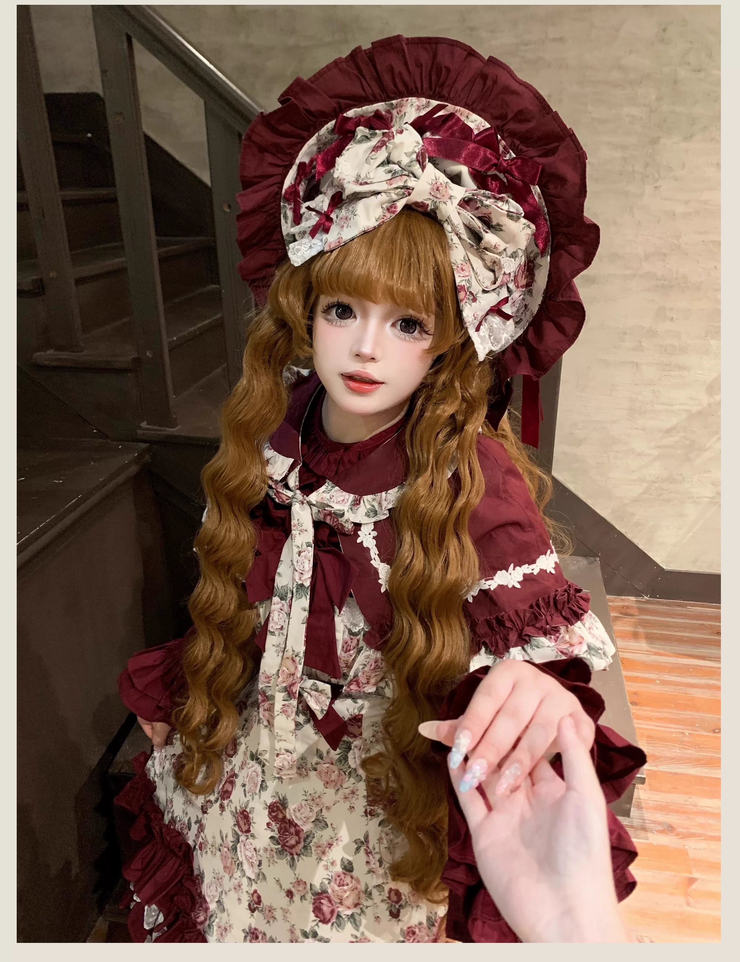 Burgundy Rose - Floral Printed Old School Lolita JSK, Elegant Cape