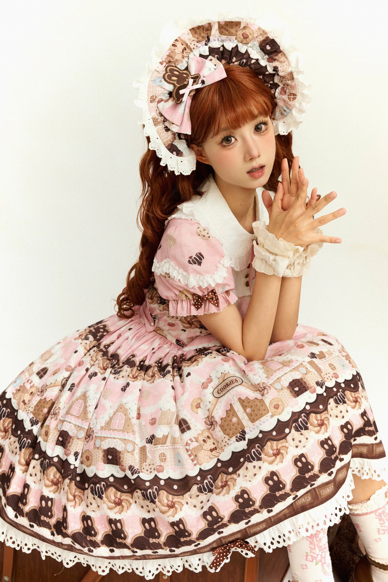 Bunny Gingerbread House - Kawaii Lolita Printed OP Dress with Bows Pink Chocolate OP S