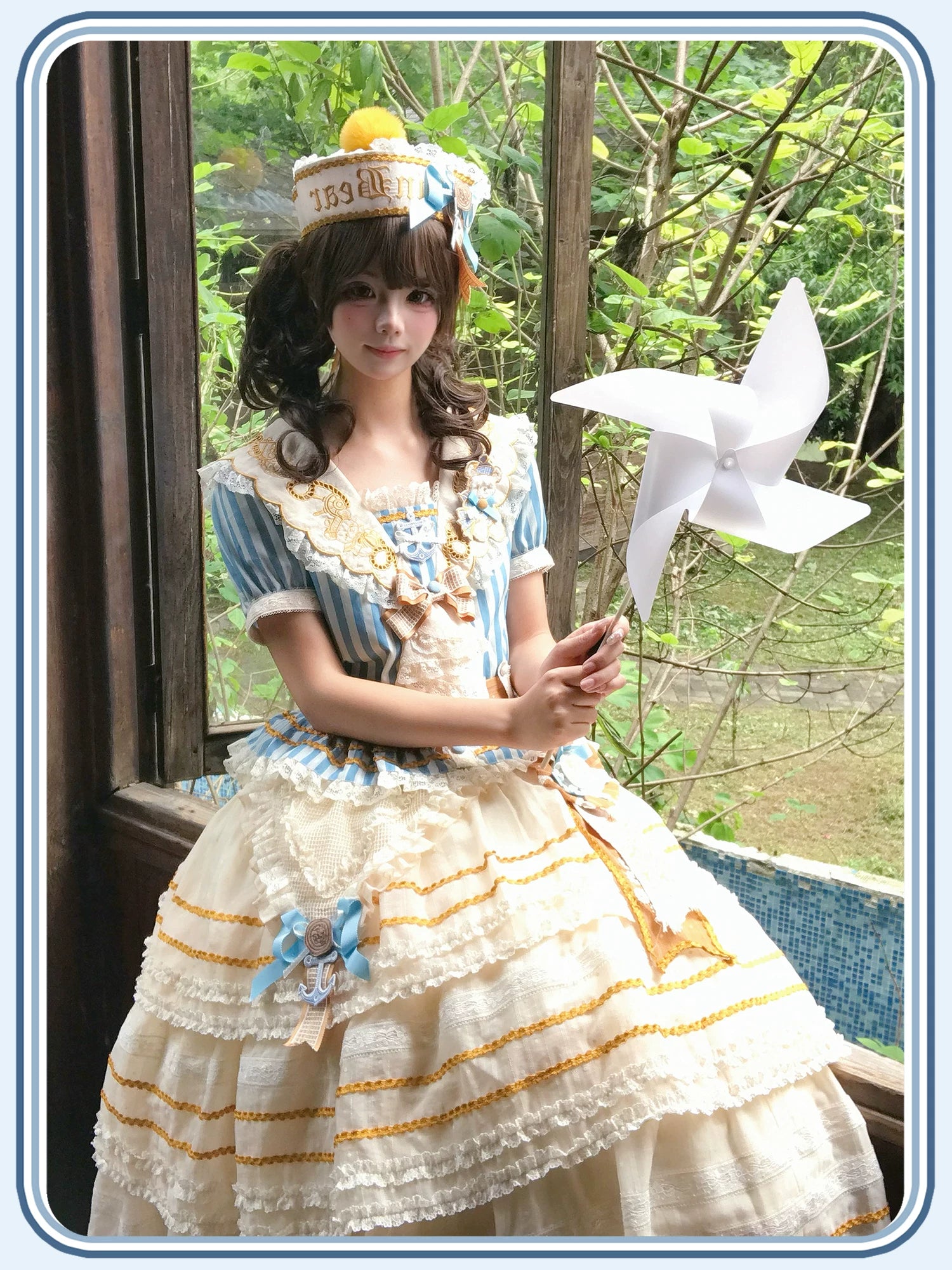 Antique Naval Bear - Striped Classic Lolita Sailor Collar OP, Bear Embroidery 45518:853989