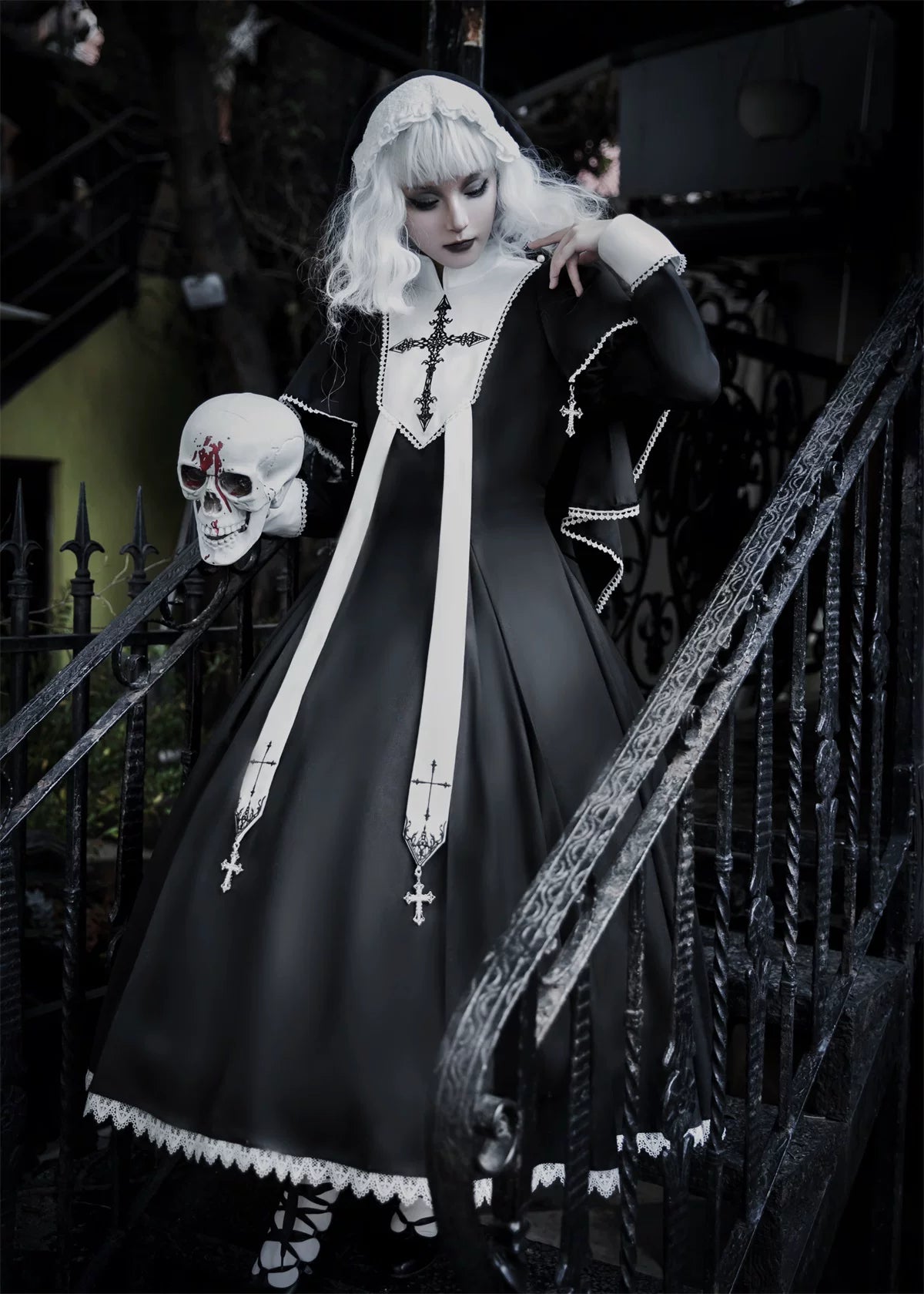 Halloween Gothic Lolita OP Dress & Cape, Cross Embroidery 45848:864796