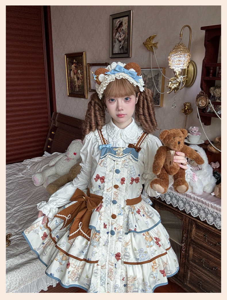Cheese Mee Mee - Seaside Tea Party - Sweet Lolita Dress Cute Print JSK and Cape Headband Only S