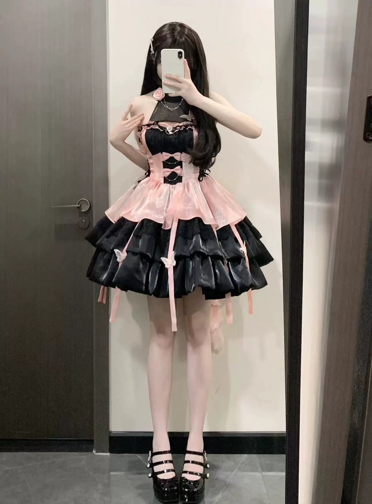Platycodon House - Love Goddess - Elegant Lolita Dress Halter Puff Princess JSK Dress XS black and pink dress - halter style (without trailing veil)