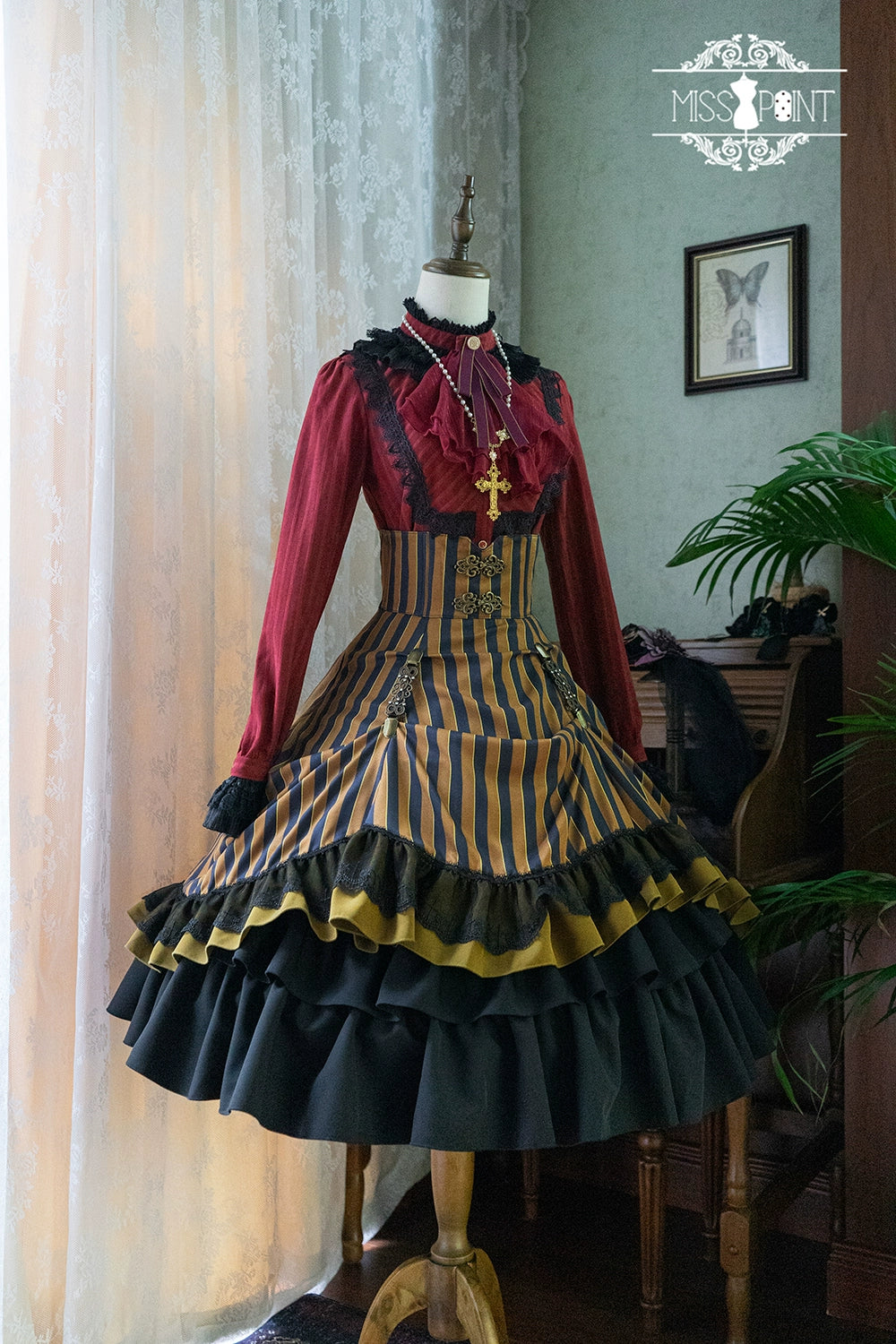 (Buyforme)Miss Point~Customized Lolita Elegant Striped High Waisted Fishbone SK 21544:312688