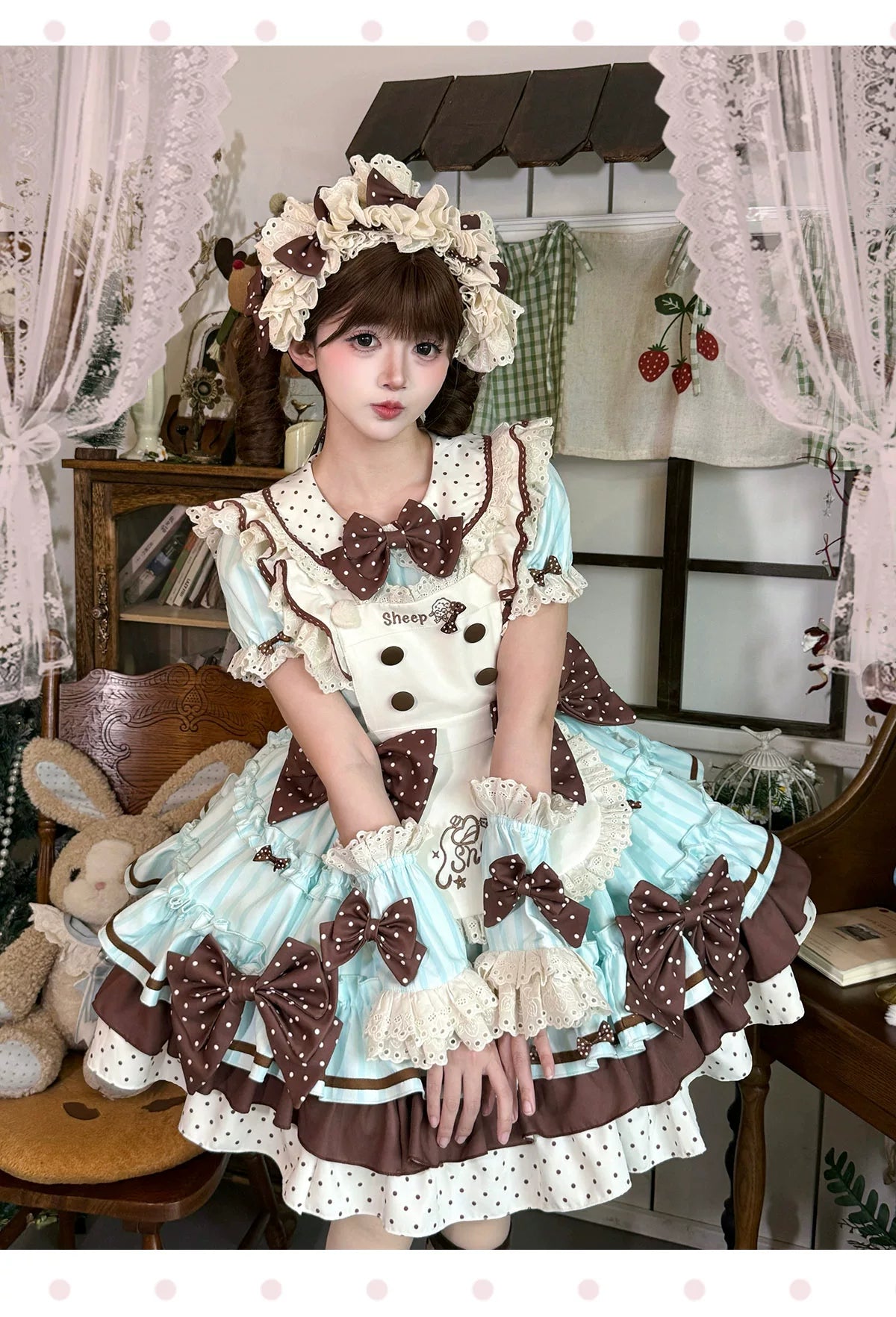 Honeyed Oath - Sweet Lolita Polka Dot OP Dress, Detachable Apron Mint Blue OP Set (with 1 neck bow + 2 waist bows + 2 hem bows) S