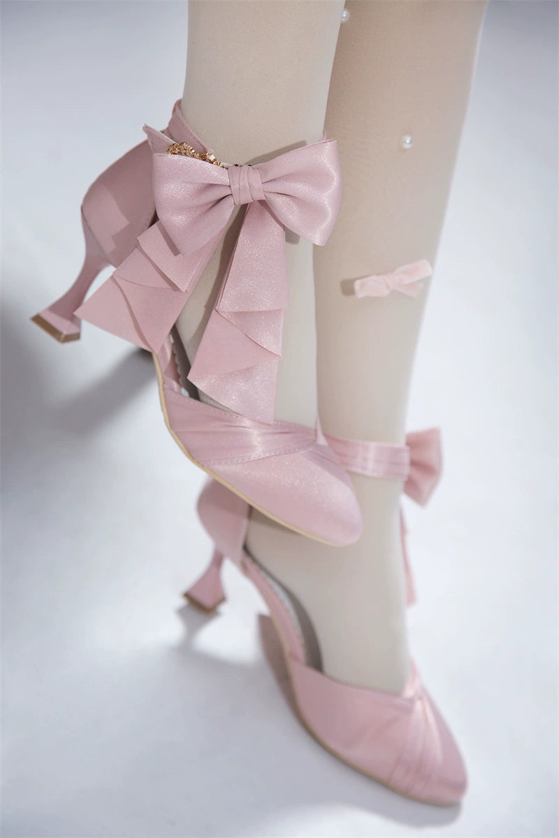 MR.Qiutian - Coronation - Elegant Lolita Shoes Satin Heels With Rose Buckle & Bow Clip Light pink 34