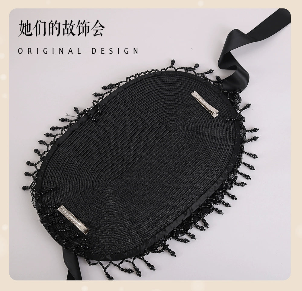 The Accessories' Story - Gothic Lolita Black Hat, Rose & Bead Tassels