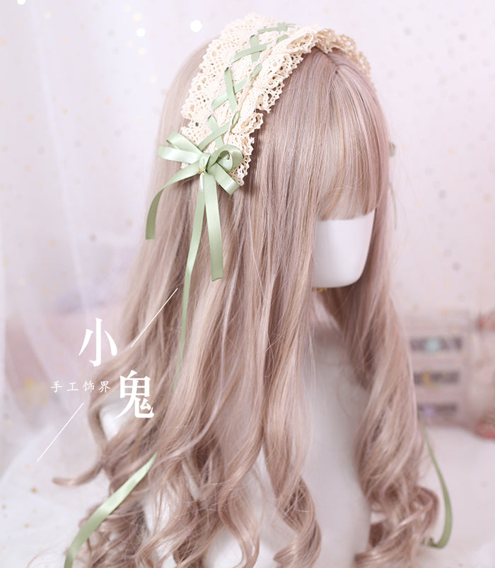Xiaogui - Japanese Style Sweet Lolita Lace Headband Multicolors Matcha Green + Cotton Headband