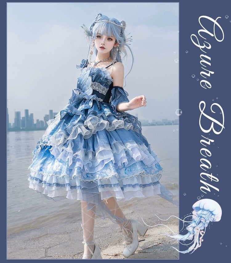 YingLuoFu - Blue Breath Jellyfish - Classic Lolita Jumper Dress, Side Zipper