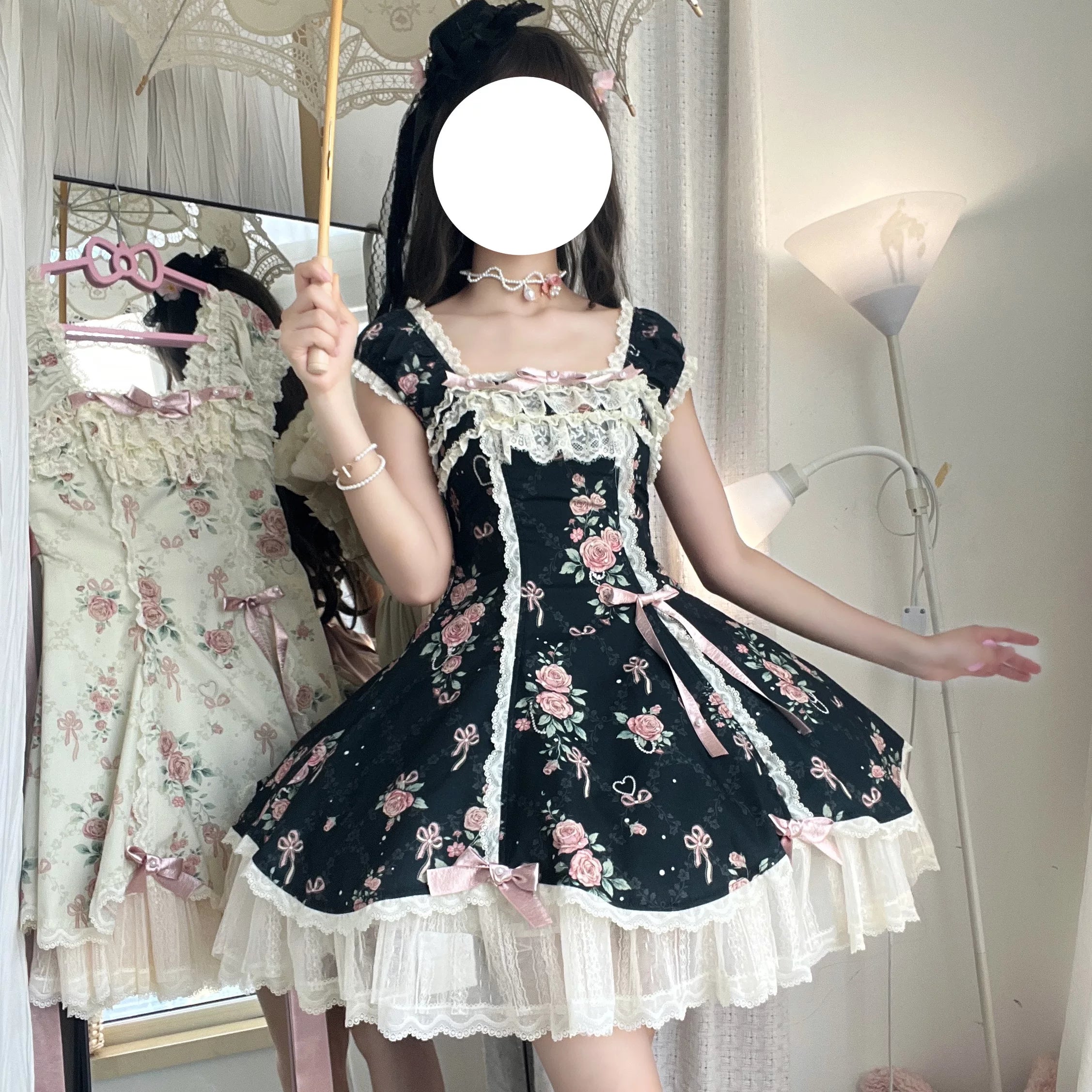 Pearl & Rose - Old School Lolita Floral Print Lolita OP Dress, Back Opening 45925:868418