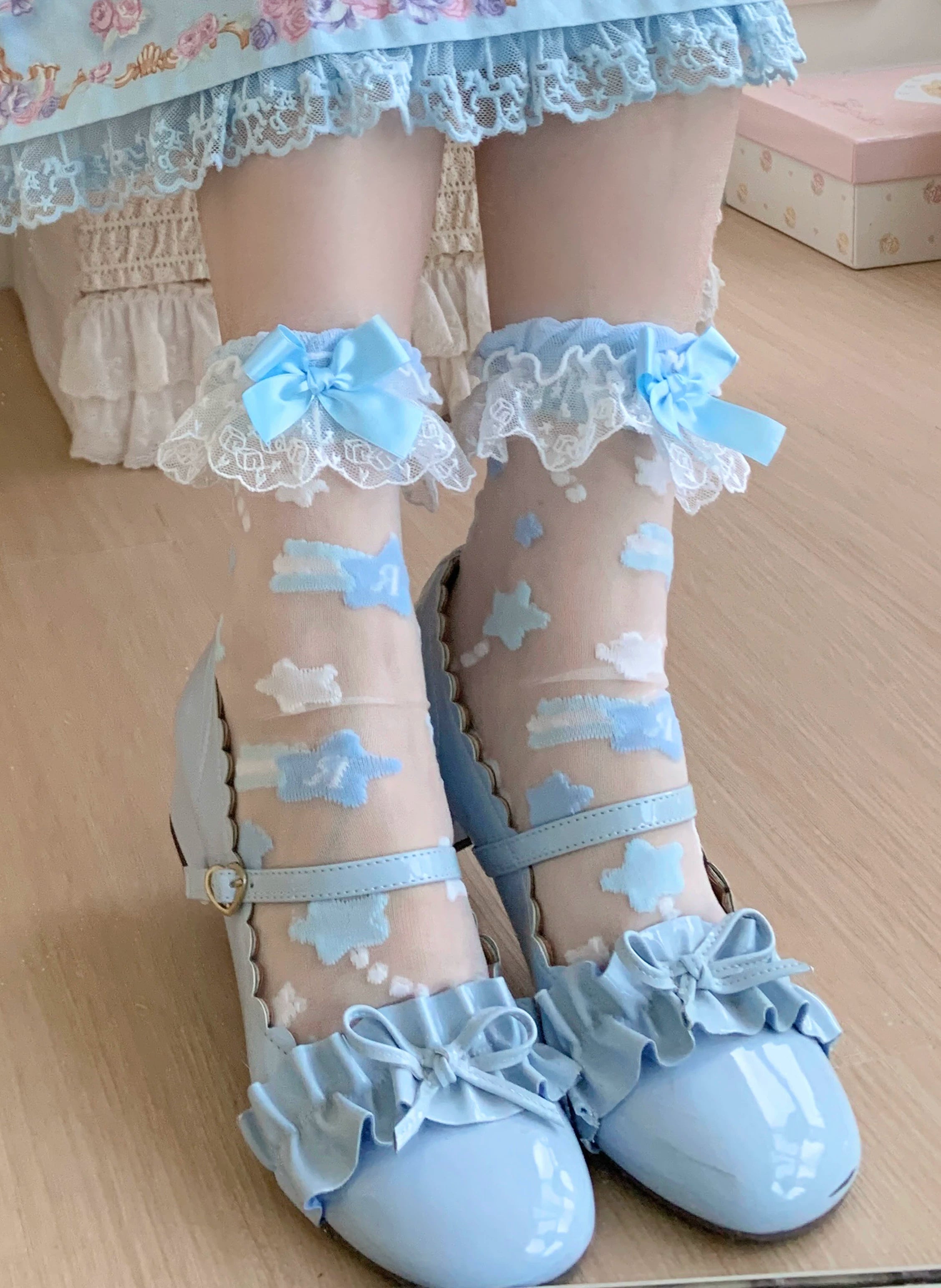 Sweet Lolita Star Embroidered Socks with Colorful Satin Bow 45610:855323