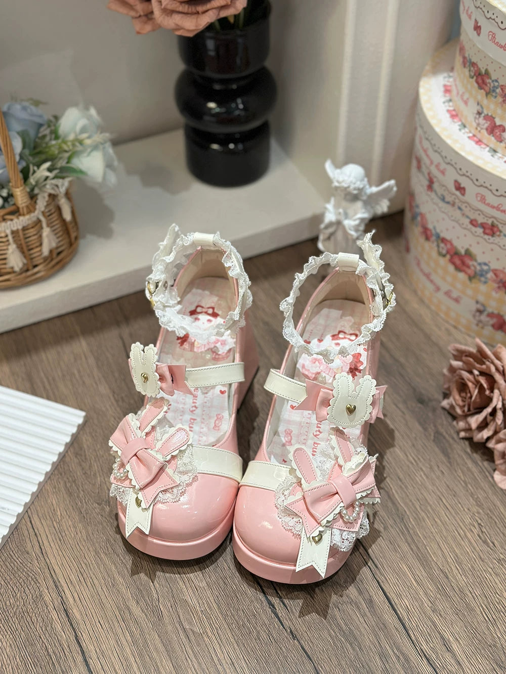 Sweet Bunny Tea Party - Sweet Lolita Chunky Heels Shoes, Bunny-ear Bow Decoration (漆皮粉 / 34 35 36 37 38 39 40) 44839:825360