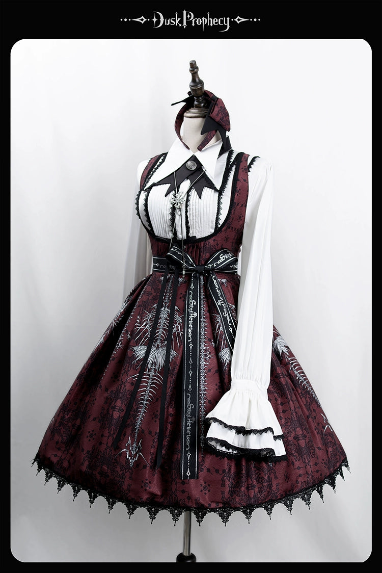DuskProphecy - Coccyx - Elegant Lolita Dress High Waist Fishbone Print JSK Set 34722:466496