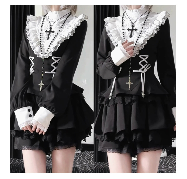 With Puji - Doki - Twin Lolita OP Black/White Goth Dress with Pocketed Shorts