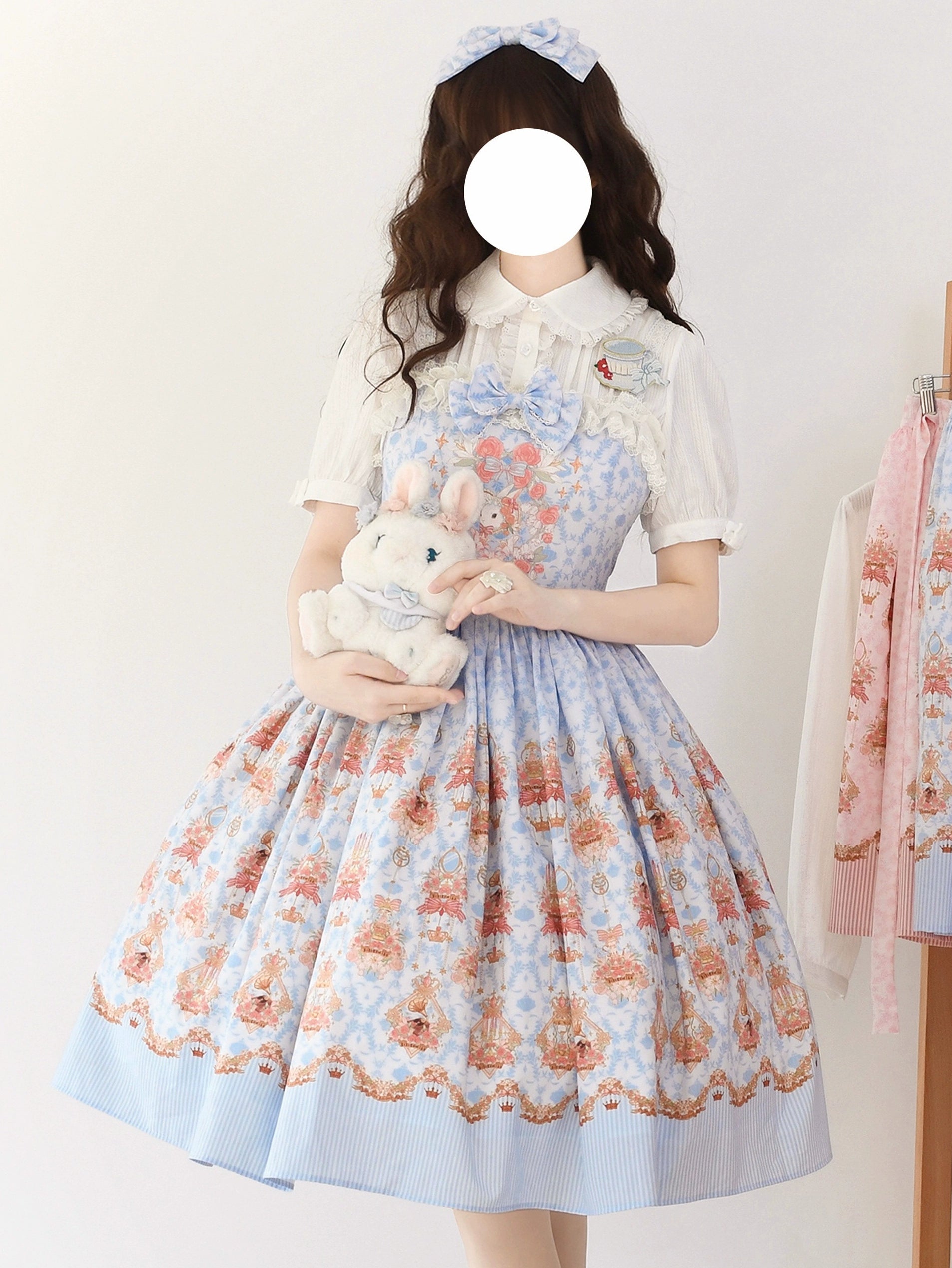 Strawberry Witch - Rose Garden Bunny - Daily Lolita Rose Bunny Printing OP JSK Dress Set S sky blue JSK