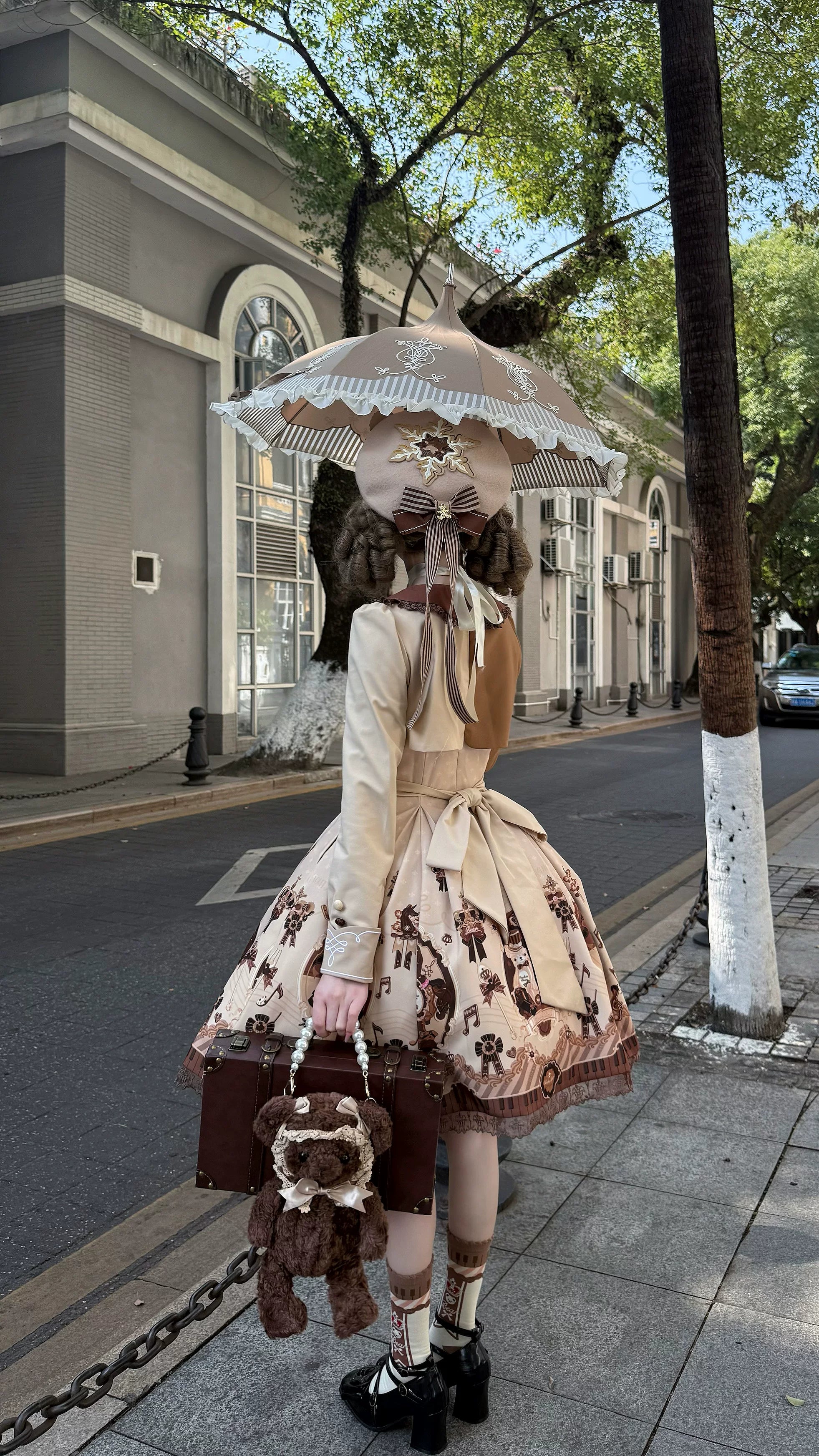 Cream Bear - Print Kawaii Lolita Fake Two-Piece OP, A-lined JSK Dress 44502:811659