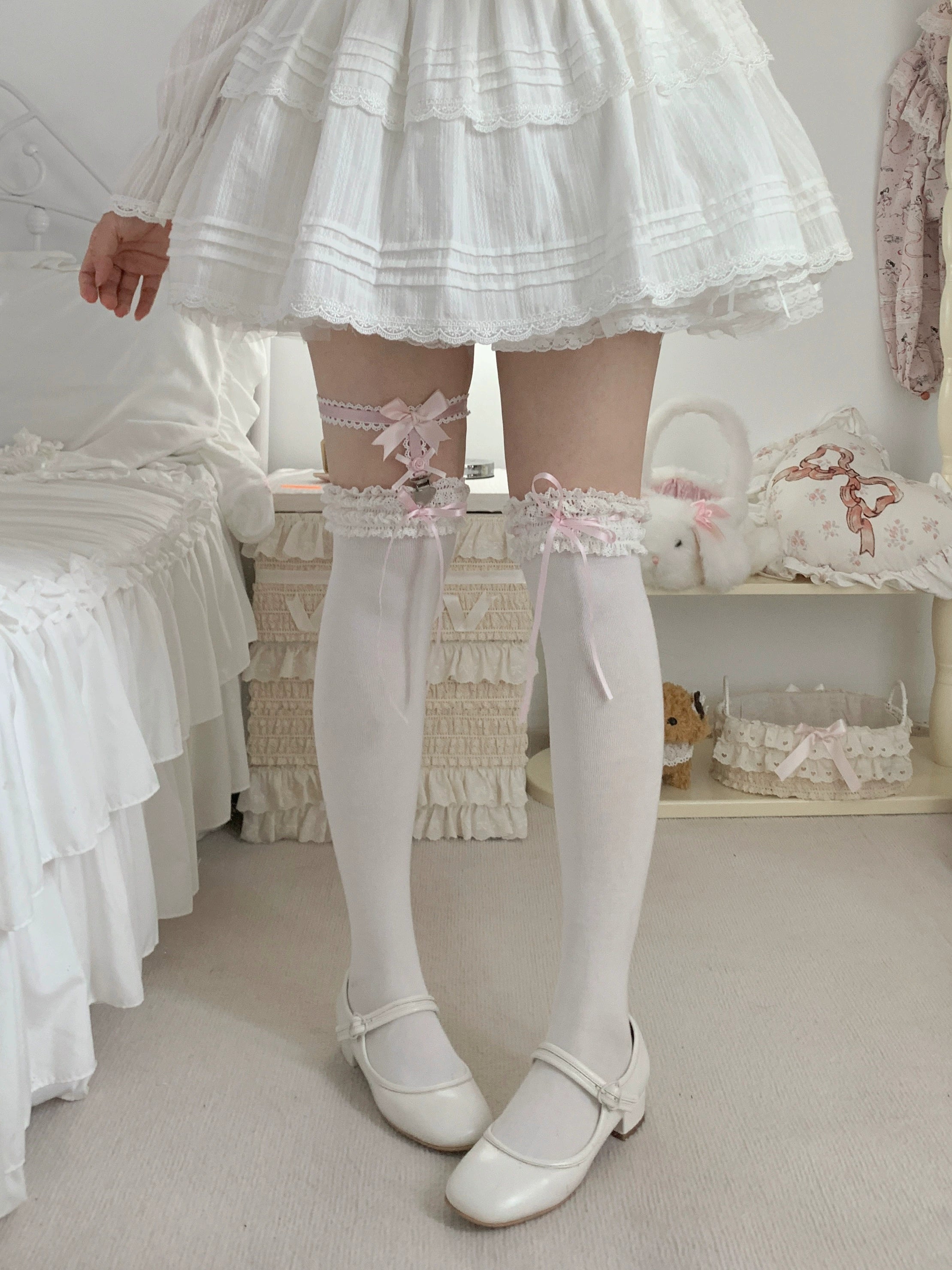 Roji Roji - Gentle Town - Sweet Lolita Cotton Calf Socks, Ankle Socks Light pink thigh-high socks (no sock clips included) One Size