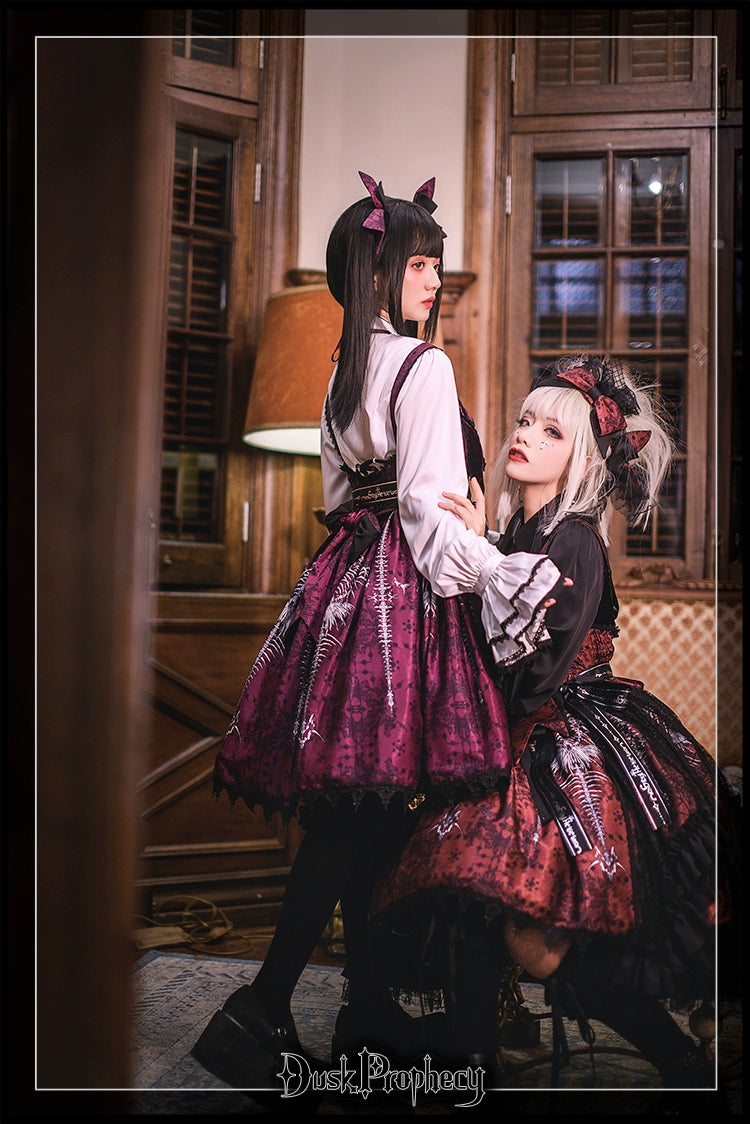 DuskProphecy - Coccyx - Elegant Lolita Dress High Waist Fishbone Print JSK Set 34722:466470