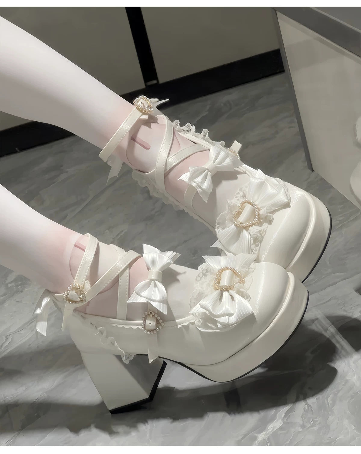 Romance of Hearts - Sweet Lolita Chunky Heeled Shoes, Pearl Heart Accents 45692:859277