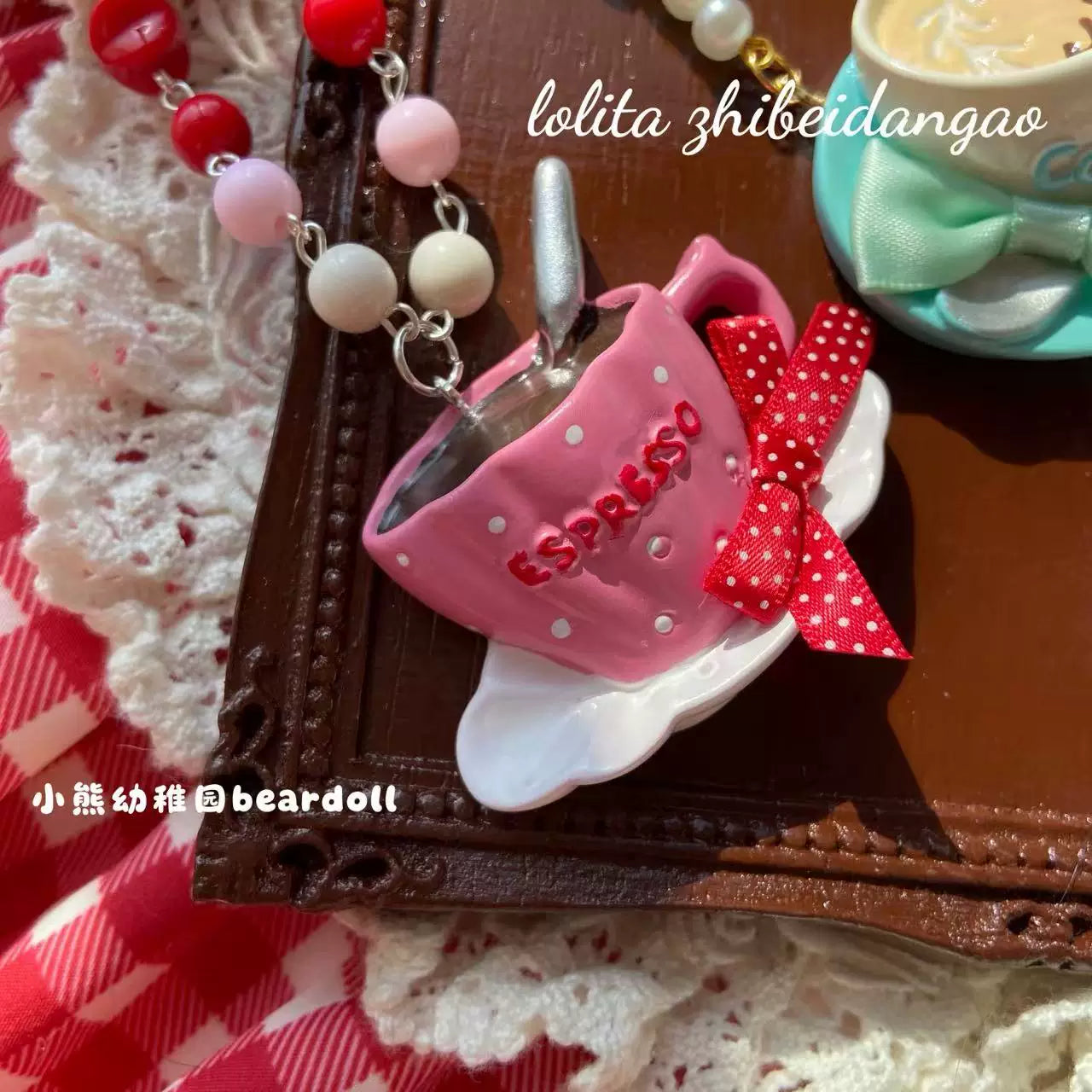 Old School Lolita Beaded Necklace, Coffee Cup Pendant