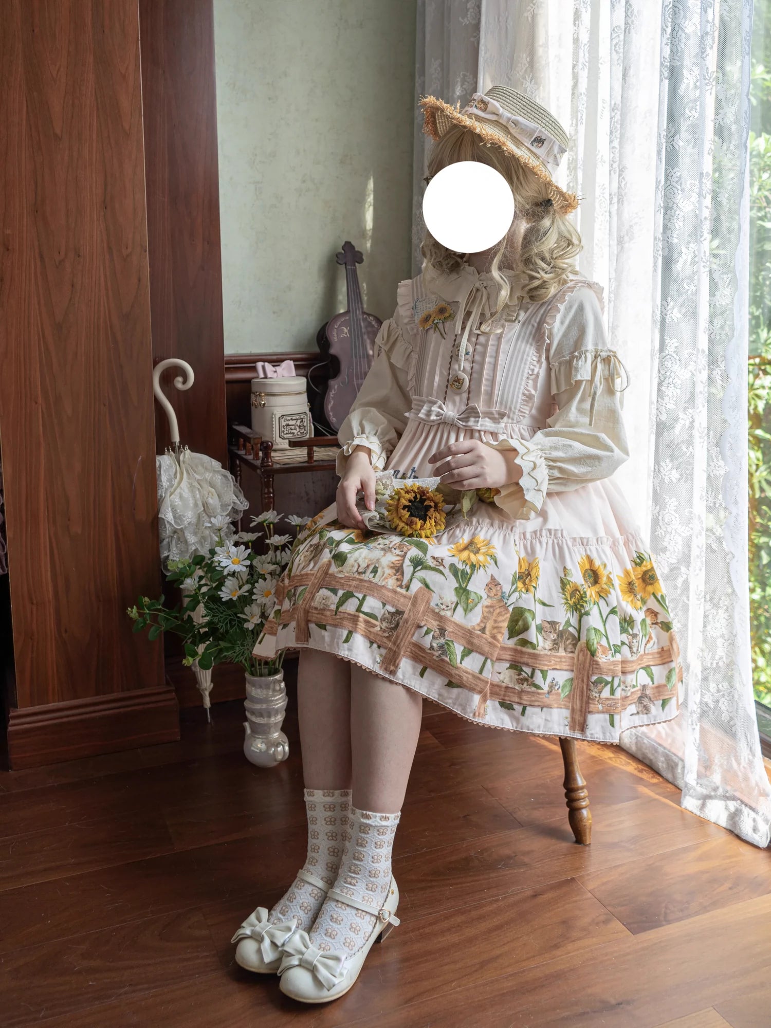 Polaris Lolita - Cat and Sunflower - Sweet Lolita JSK Cat and Sunflower Print Dress and Headdress Set