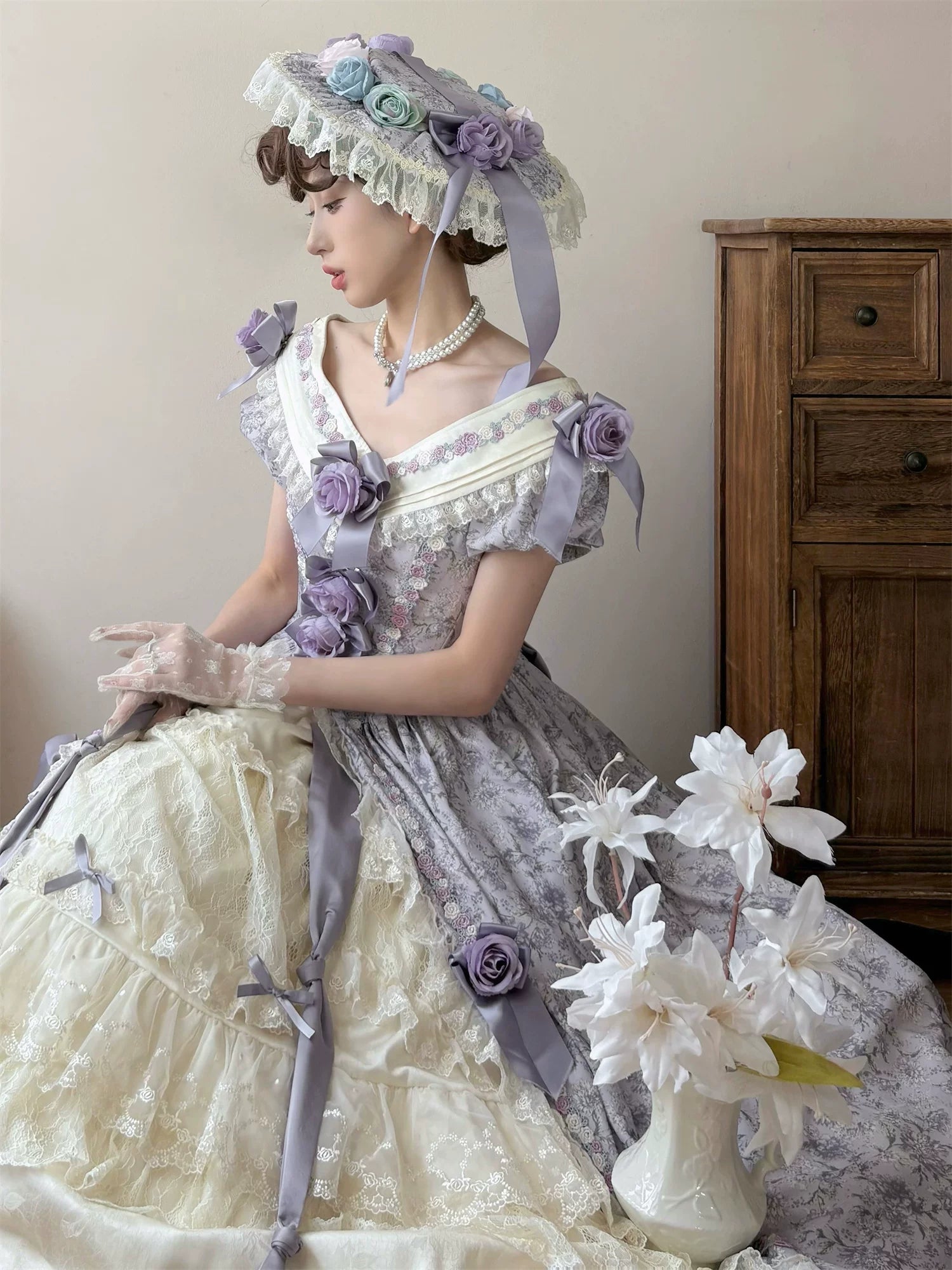 Dolota Flower Wall - Classic Lolita Floral OP Dress, Open Shoulder 44485:811134