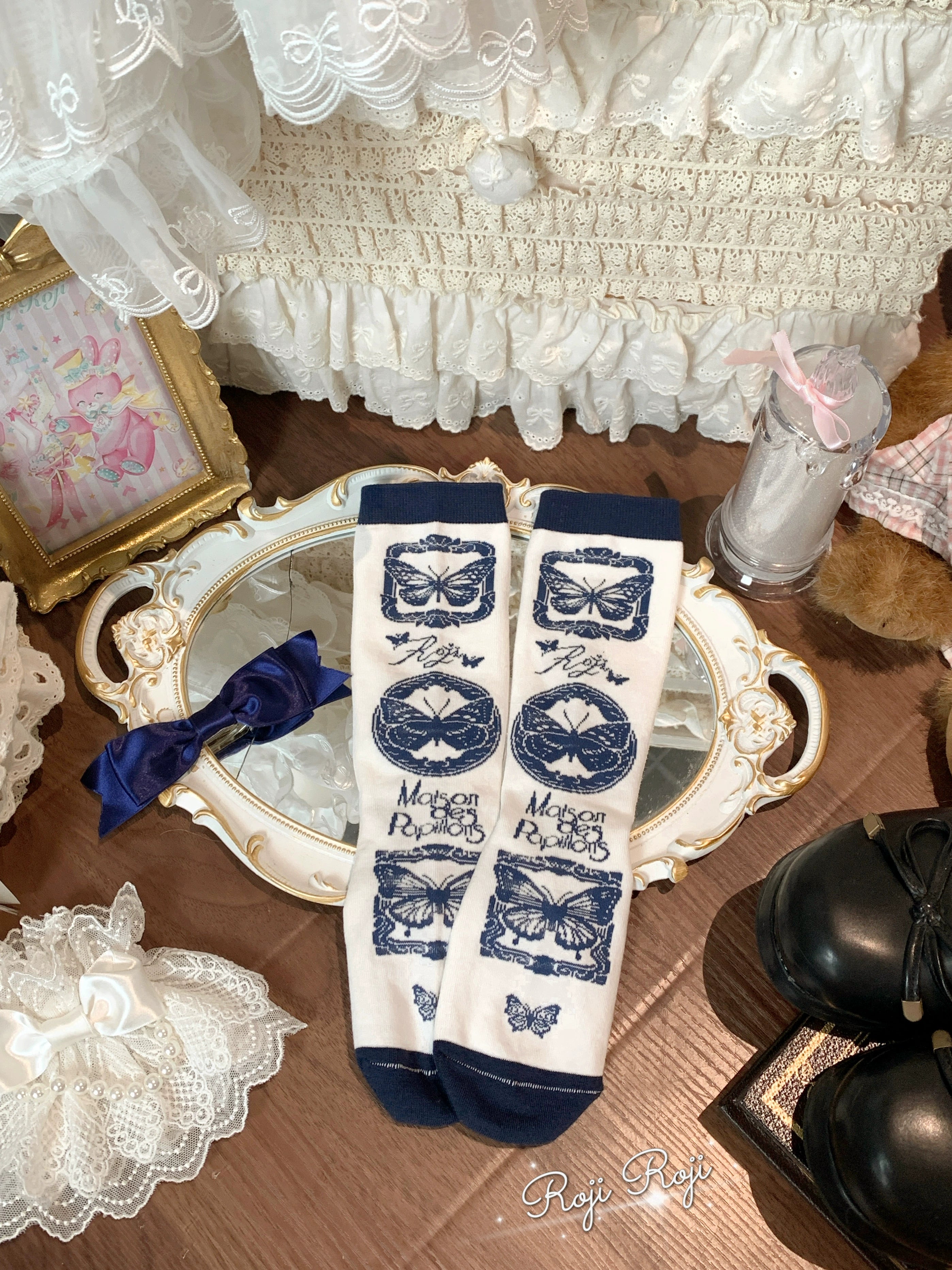Roji Roji - Sweet Lolita Cotton Socks, Detachable Cuff Bow Trim Navy Blue Socks Only (without cuff bow trim)