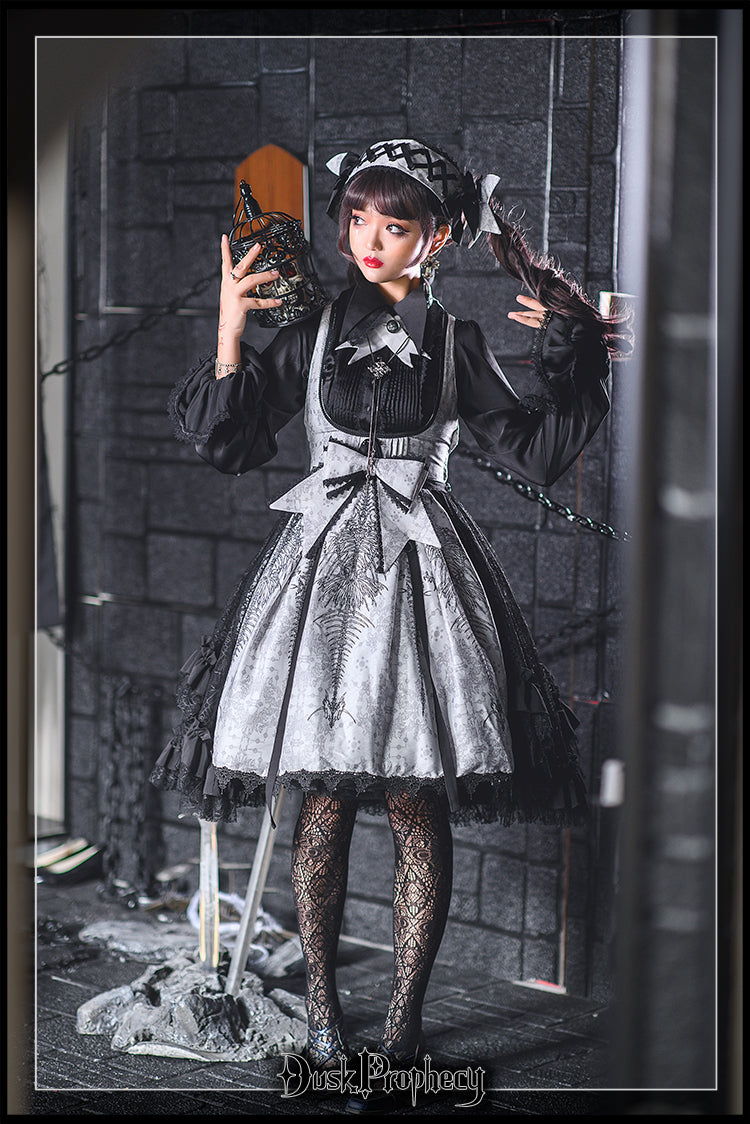 DuskProphecy - Coccyx - Elegant Lolita Dress High Waist Fishbone Print JSK Set 34722:466514