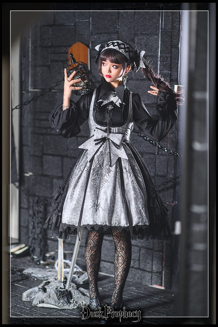 DuskProphecy - Coccyx - Elegant Lolita Dress High Waist Fishbone Print JSK Set 34722:466564