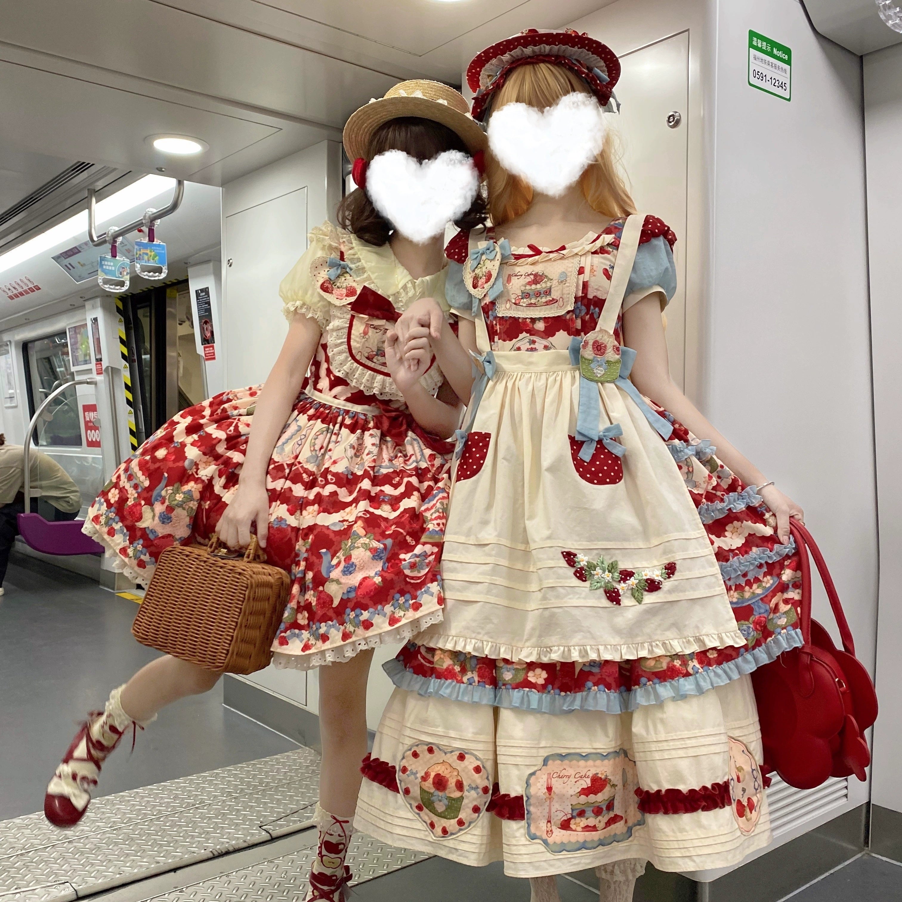 Rose Whispers - Strawberry Tata - Sweet Lolita Dress Suit With Strawberry Cake Print