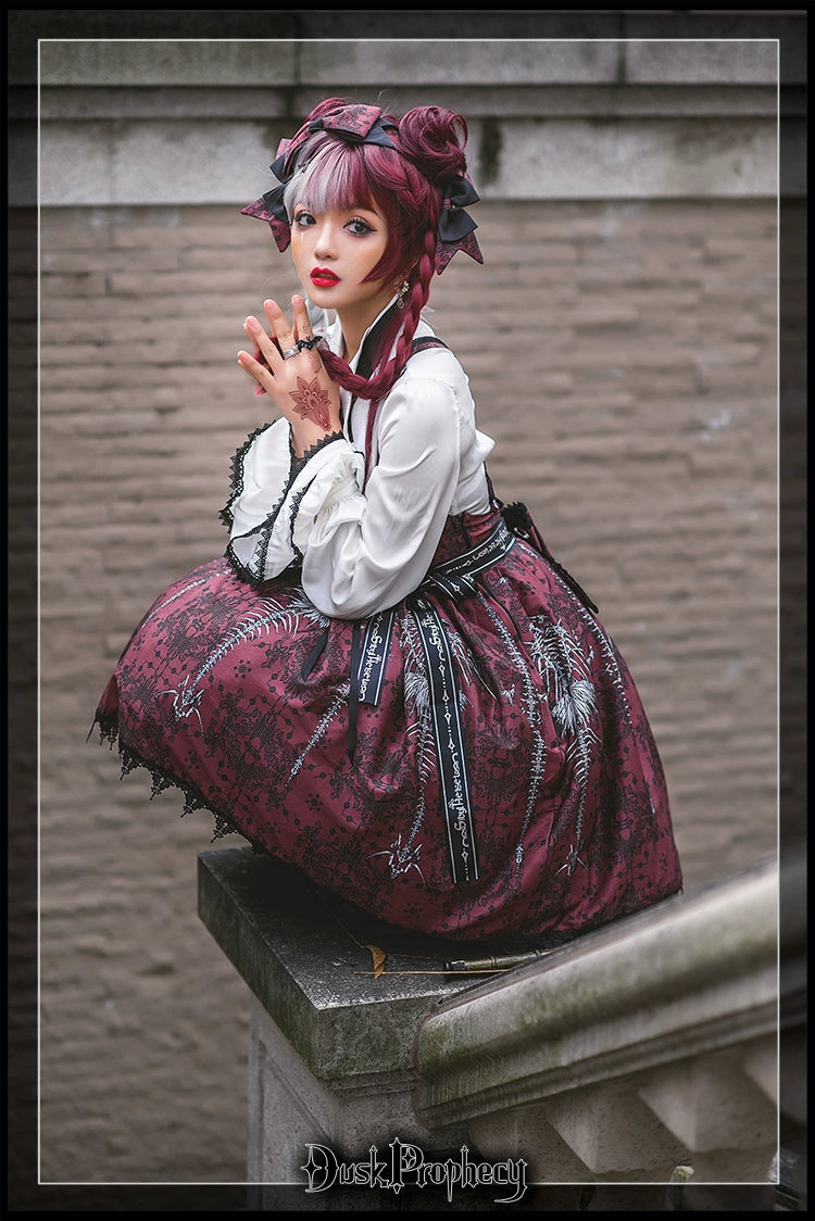 DuskProphecy - Coccyx - Elegant Lolita Dress High Waist Fishbone Print JSK Set 34722:466578