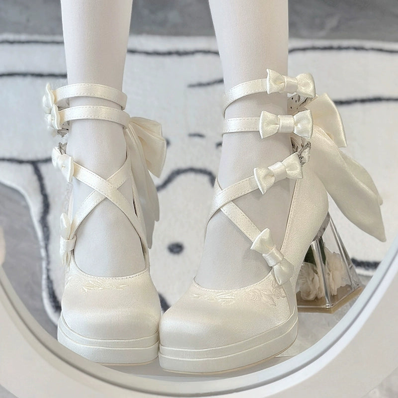 Panda Bear - Glass Floral House - Elegant Lolita Shoes,Transparent Heels with 3D Floral (White / 34 35 36 37 38 39 40 41) 44045:793513